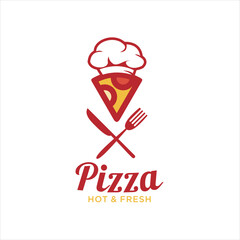Pizza logo Fresh Vector Emblem on blackboard. Pizza logo template. Vector emblem for cafe, restaurant or food delivery .