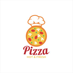 Pizza logo Fresh Vector Emblem on blackboard. Pizza logo template. Vector emblem for cafe, restaurant or food delivery .