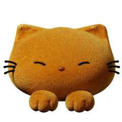 Orange toy plush cat head with paws on a transparent background - 3D render illustration