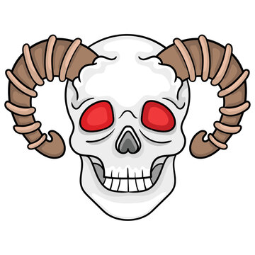 Spooky skull with vengeful red eyes and horns, doodle icon
