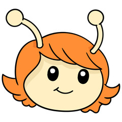 Naklejka premium Pretty face with the antennae on top of her head, doodle icon