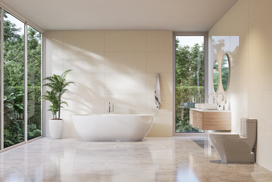 Modern luxury white bathroom with tropical style nature view 3d render,There are marble floor decorated with wooden sink counter sunlight shine into the room