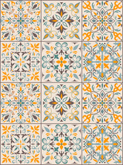 Seamless yellow tile with Islam, Arabic, Indian, ottoman motifs. Majolica pottery tile. Portuguese and Spain azulejo. Ceramic tile in talavera style. Vector illustration.
