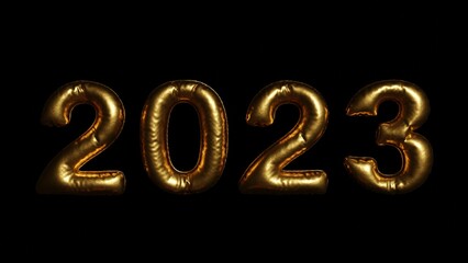 New year 2023 golden balloons. Numbers Figures balloons, a design element. 3d render