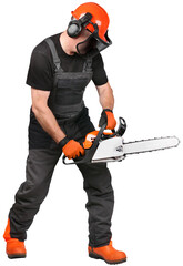 Professional logger using motor chain saw with safety gear on, isolated