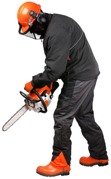 Professional logger using chain saw with safety gear on, isolated