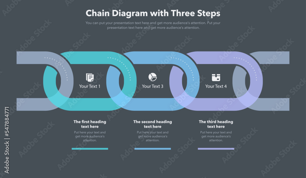 Aufkleber chain diagram with 3 colorful process stages - dark version.