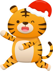 Cute tiger character mascot with red santa hat, merry christmas and happy new year, vector cartoon style