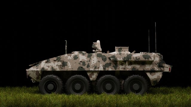 Armored personnel carrier infantry fighting vehicle, armored vehicle at night in the field, camouflage coloring of armored personnel carriers, battlefield. 3d render