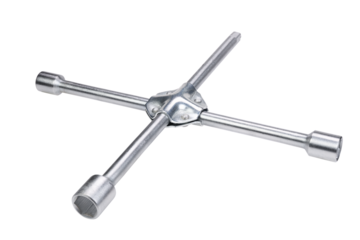 Steel chrome plated cross shaped car wrench isolated on white background.