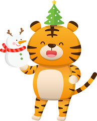 Cute tiger character mascot with christmas tree and snowman, happy celebrating, vector cartoon style