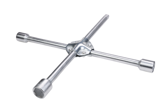 Steel chrome plated cross shaped car wrench isolated on white background.