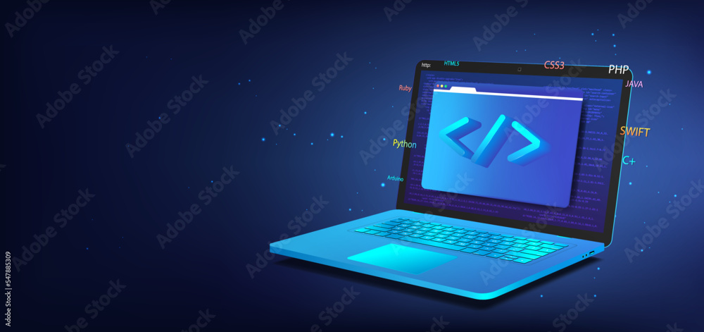 Leinwandbilder Banner Software development. 3D laptop with programming icon. Web coding and software testing  concept. 3D realistic laptop with browser windows and different programming languages. Vector web banner