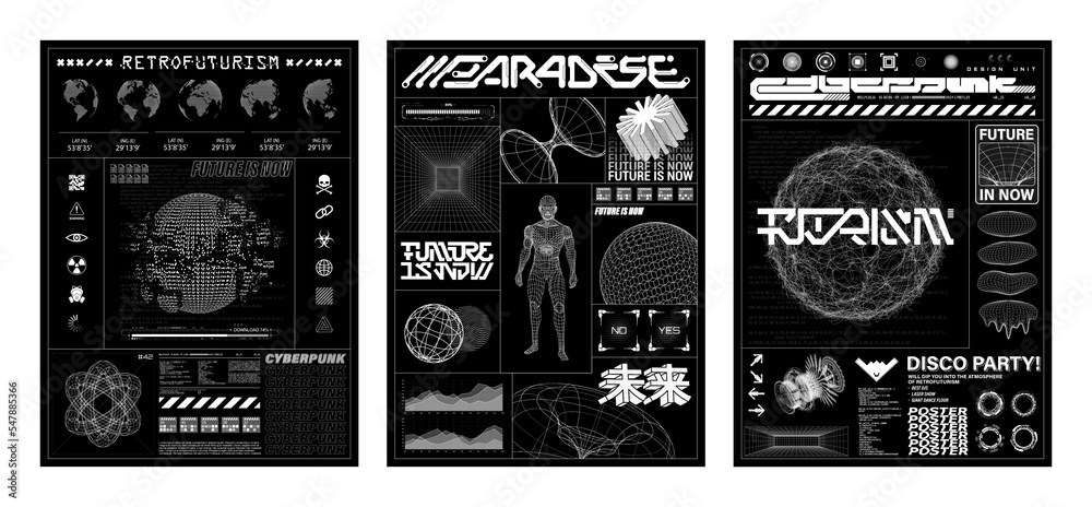 Poster Retro futuristic posters set with 3D objects and science shapes and elements. Digital lettering with cyberpunk elements, shapes, spheres. Black posters. Translation of the Japanese word - future