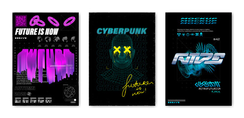 Bright futuristic posters, trendy graphic template with glitch, 3d, liquid effects for t-shirt, streetwear, merch, typography. Techno, vaporwave, acid concept. 3D Retro futuristic posters template set
