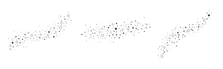 Set of stars on a white background. Falling star. Magic trail of stardust, line of comets. Meteoroid, comet, asteroid, stars. New Year, Christmas. Vector illustration.