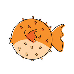 Cute Puffer Fish Animated Cartoon Vector with Black Line