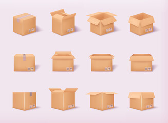 Carton delivery packaging open and closed box with fragile signs. Cardboard box mockup set. 3D Web Vector Illustrations.