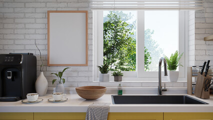 photo frame mock up in kitchen interior, 3d rendering