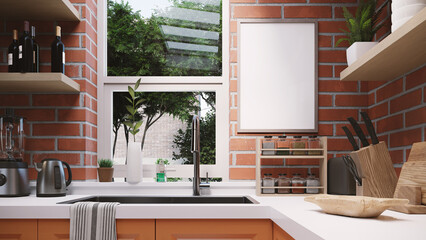 photo frame mock up in kitchen interior, 3d rendering