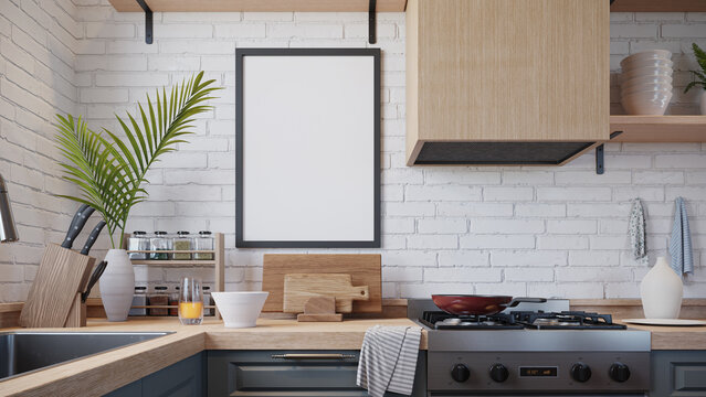 photo frame mock up in kitchen interior, 3d rendering