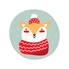 Smiling face a fox for Christmas and New year. Cartoon cute little fox character in winter hat and scarf. Funny wild animal isolated on white background. Childish colorful vector illustration.