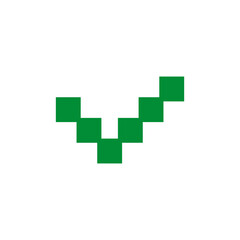 Green check mark symbol. Vector icon. Pixel art and dot style.  