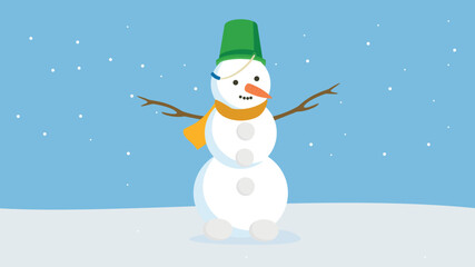 A snowman with a bucket on his head stands in the snow