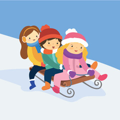 Three children sledding together