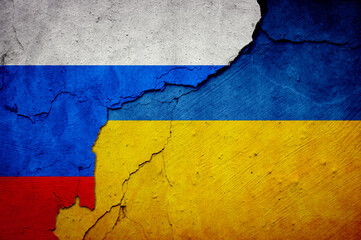 Russia and Ukraine flags. International relations.