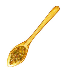Honey pollen on a wooden spoon watercolor illustration, on a white background. Watercolor illustration for recipe