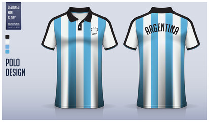 Blue stripes polo shirt mockup template design for soccer jersey, football kit, golf, tennis, sportswear. Argentina pattern.
