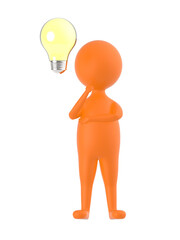 3d orange character thinking with a ligh bulb near to his head concept
