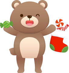 Cute baby bear character mascot with christmas sock and candy, celebrating christmas, vector cartoon style