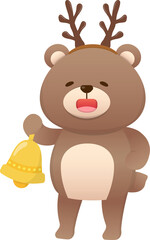 Cute baby bear character mascot with antlers dressed up with headband and bell, celebrating christmas, vector cartoon style