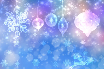 Fototapeta na wymiar Abstract blurred festive winter christmas or Happy New Year background with shiny pink and blue bokeh lighted xmas balls and stars. Space for your design. Card concept.