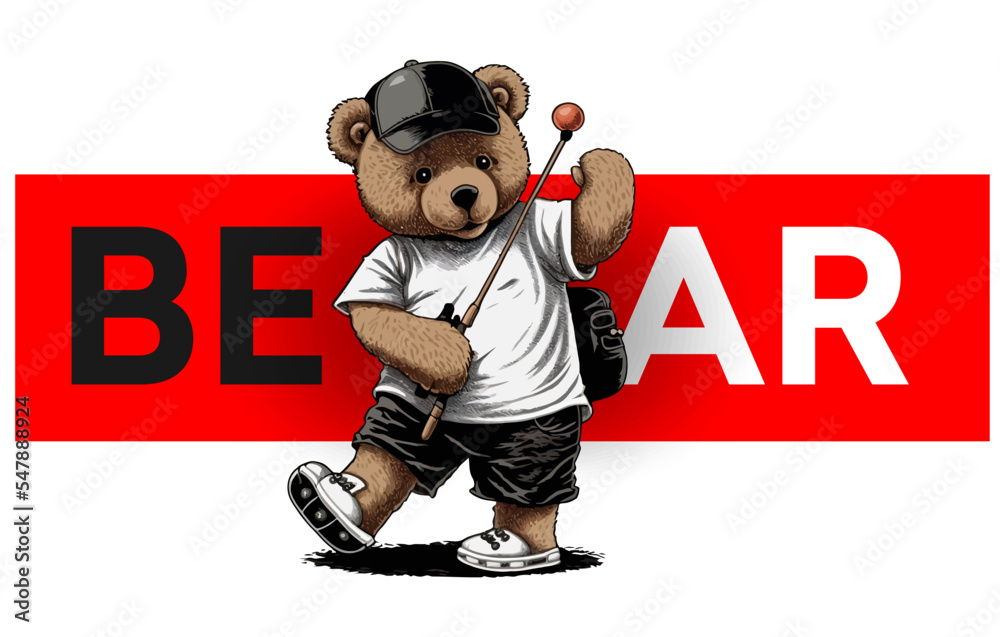 Canvas Prints A bear in a black cap plays polo isolated on a white background. Vector illustration