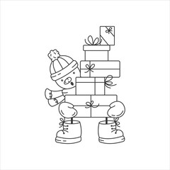 Cute snowman with gift boxes, waiting for Christmas, winter holidays, new year