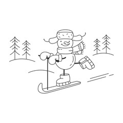 Cute snowman on a scooter, waiting for Christmas, winter holidays, new year