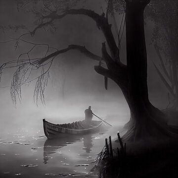 Ferryman at River Styx awaiting the passed away