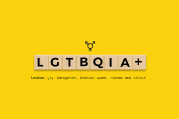 Lesbian, gay, transgender, bisexual, queer, intersex and asexual (LGTBQIA) Banner. Letter Tiles on Yellow Background. Minimal Aesthetics.