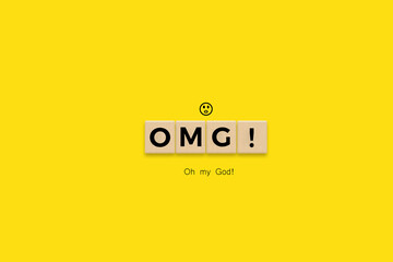 Oh My God (OMG) Banner. Letter Tiles on Yellow Background. Minimal Aesthetics. - obrazy, fototapety, plakaty