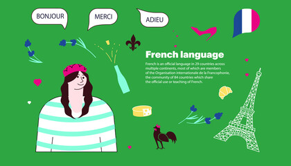 Female student with Hello, thanks and bye in speech bubble and French landmarks logos around