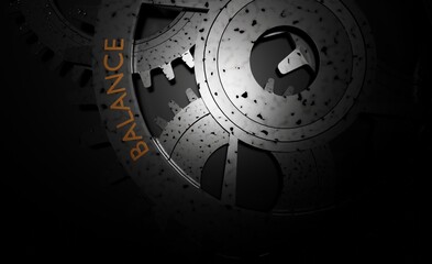 Cogwheel metal steel with balance in dark scene 3D rendering business wallpaper backgrounds