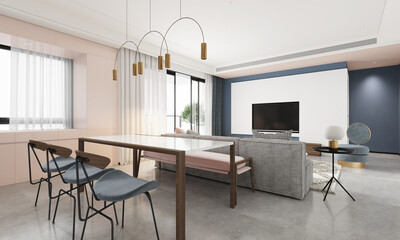 Interior of dining room that combines with the living room in modern style. 3D illustration
