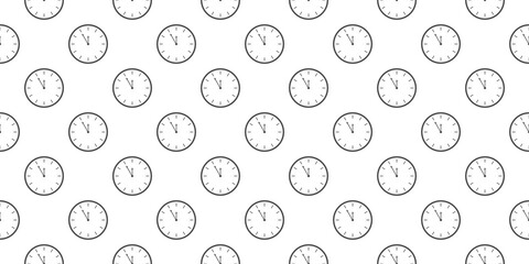 Clock icons with 5 minutes to twelve time interval seamless pattern. Countdown timer or stopwatch symbol background. Waiting midnight, New Year night print design. Vector graphic illustration