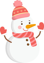Cute smiling snowman wearing beanie hat and scarf and gloves, celebrating Christmas, vector cartoon style