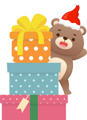 Cute baby bear in santa hat celebrating christmas with many gifts, vector cartoon style