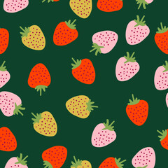 Simple pattern of strawberries. Green background, ripe strawberries.The print is well suited for textiles, Wallpaper and packaging.