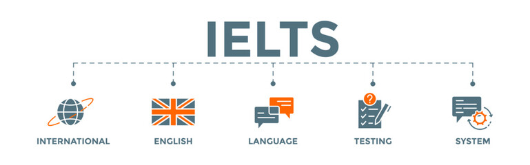 IELTS - International English Language Testing System banner web illustration with globe, flag, communication, evaluation, and gears icons